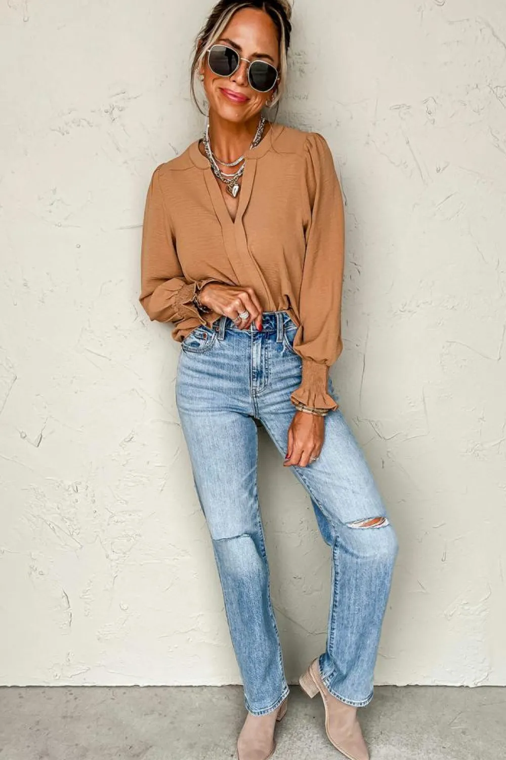 Outlet Dear-Lover Solid Color Shirred Cuff Notch V Neck Blouse Straw Yellow