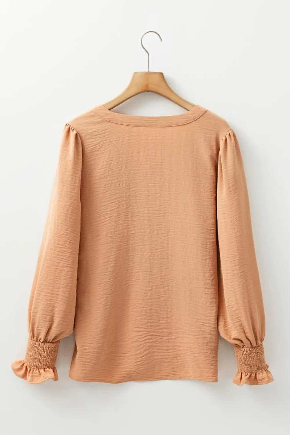 Outlet Dear-Lover Solid Color Shirred Cuff Notch V Neck Blouse Straw Yellow