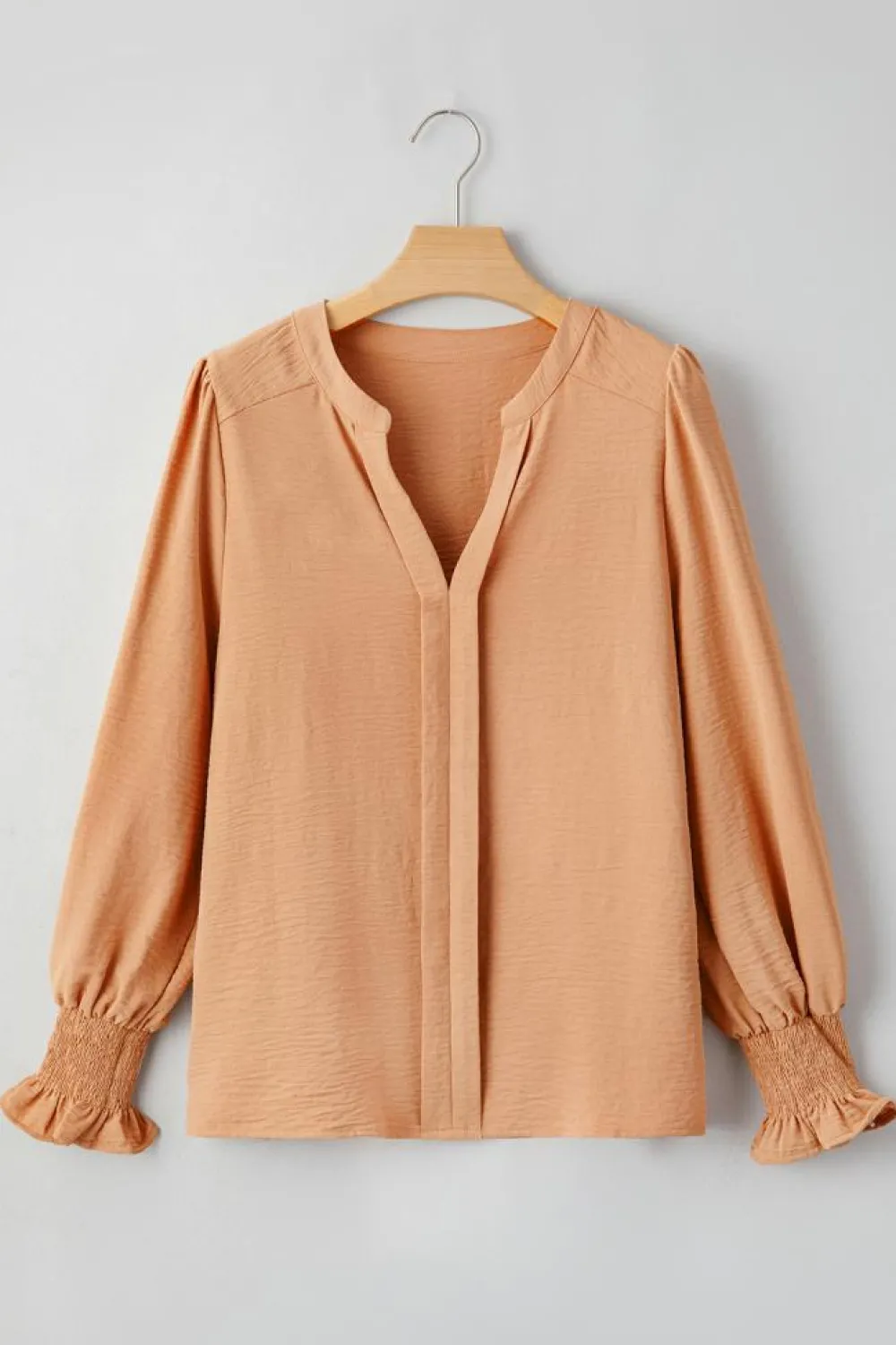 Outlet Dear-Lover Solid Color Shirred Cuff Notch V Neck Blouse Straw Yellow