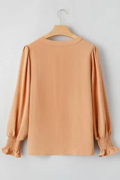 Outlet Dear-Lover Solid Color Shirred Cuff Notch V Neck Blouse Straw Yellow