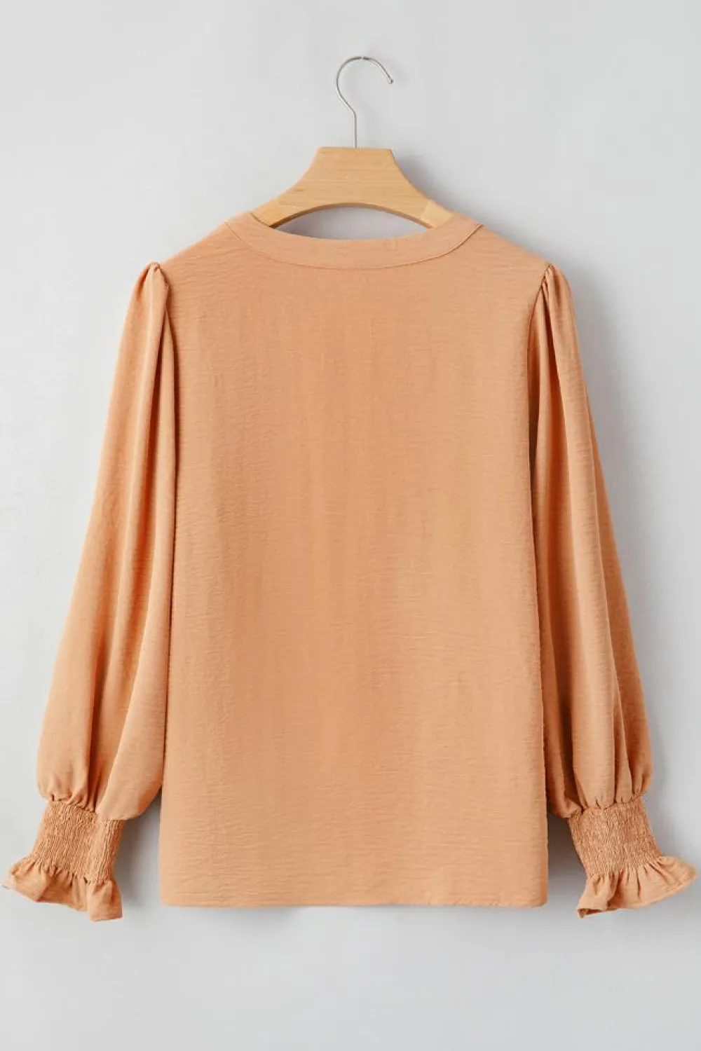 Outlet Dear-Lover Solid Color Shirred Cuff Notch V Neck Blouse Straw Yellow