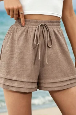 Outlet Dear-Lover Textured Tiered Edge High Waist Casual Shorts Straw Yellow