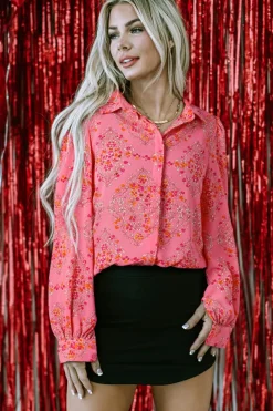 Fashion Dear-Lover Aesthetic Floral Puff Sleeve Shirt Strawberry Pink