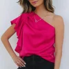 Outlet Dear-Lover Asymmetric Shoulder Ruffle Sleeve Elegant Blouse Strawberry Pink