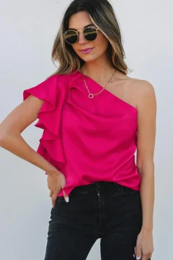 Outlet Dear-Lover Asymmetric Shoulder Ruffle Sleeve Elegant Blouse Strawberry Pink