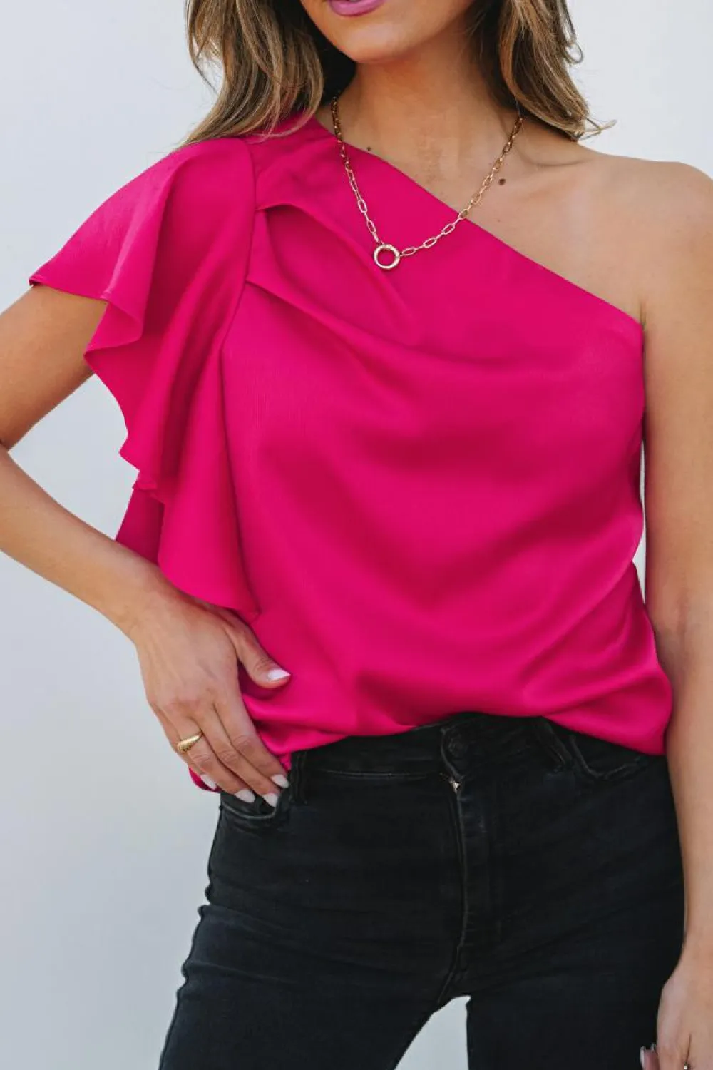 Outlet Dear-Lover Asymmetric Shoulder Ruffle Sleeve Elegant Blouse Strawberry Pink