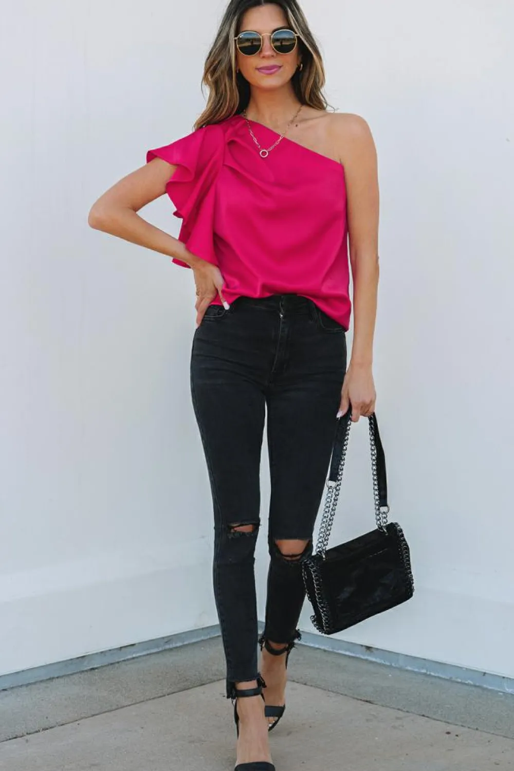 Outlet Dear-Lover Asymmetric Shoulder Ruffle Sleeve Elegant Blouse Strawberry Pink