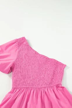 Fashion Dear-Lover Asymmetric Puff Sleeve Smocked Bodice Tiered Midi Dress Strawberry Pink
