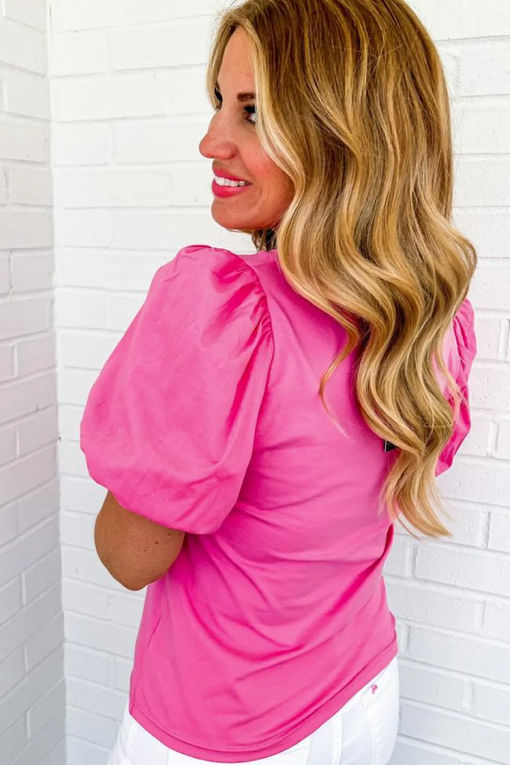 Discount Dear-Lover Casual Round Neck Bubble Sleeve T-shirt Strawberry Pink