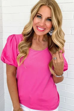 Discount Dear-Lover Casual Round Neck Bubble Sleeve T-shirt Strawberry Pink