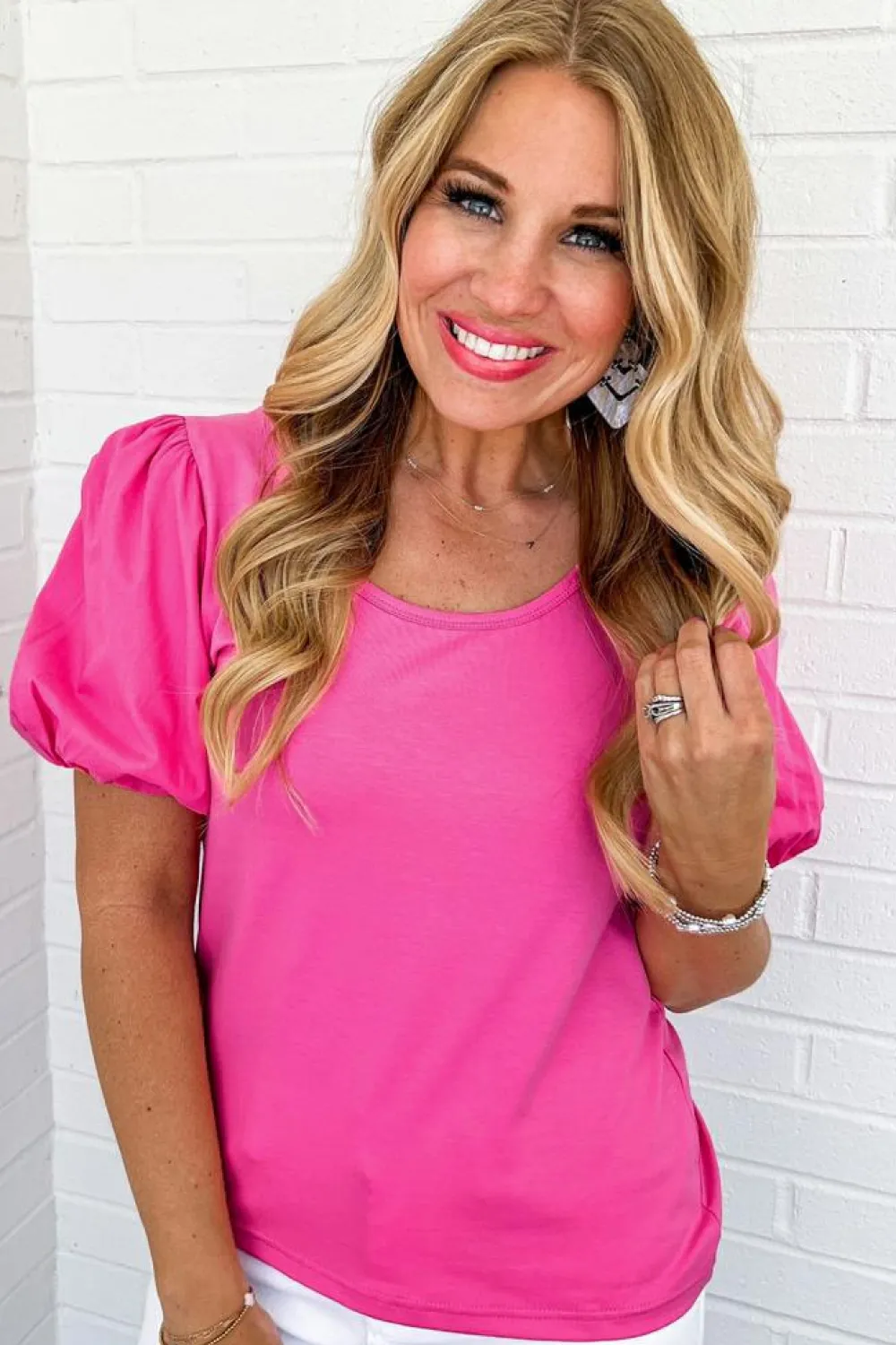 Discount Dear-Lover Casual Round Neck Bubble Sleeve T-shirt Strawberry Pink