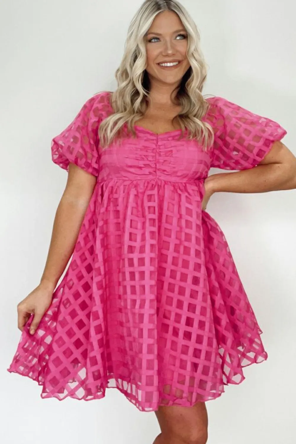 Discount Dear-Lover Checkered Puff Sleeve Babydoll Dress Strawberry Pink