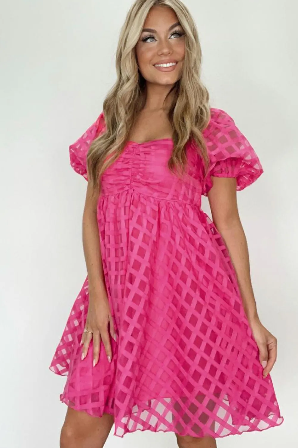 Discount Dear-Lover Checkered Puff Sleeve Babydoll Dress Strawberry Pink
