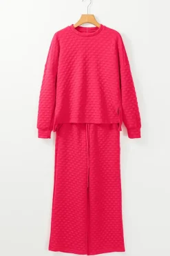 Online Dear-Lover Checkered Textured Split Pullover Top and Pants Set Strawberry Pink