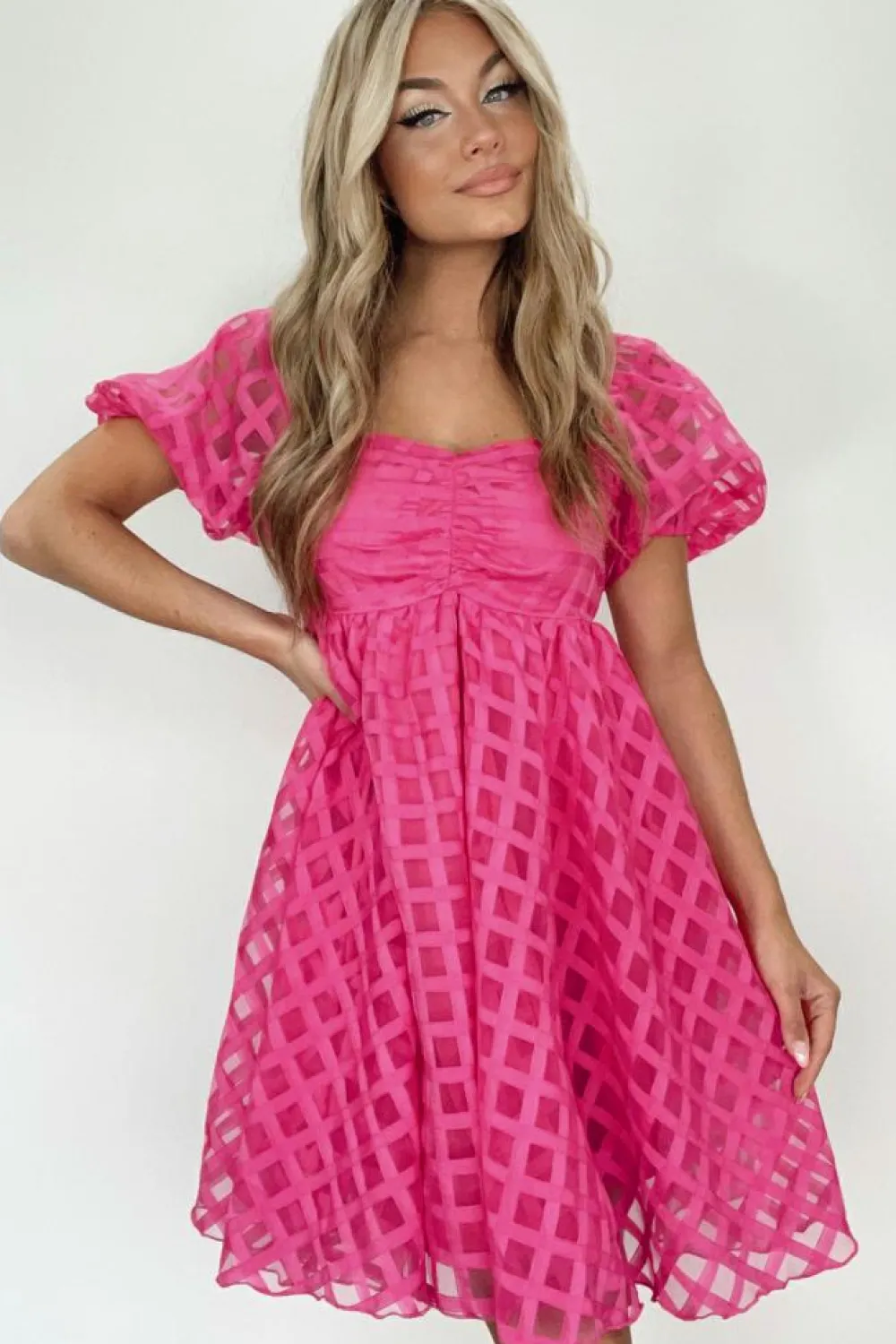 Discount Dear-Lover Checkered Puff Sleeve Babydoll Dress Strawberry Pink