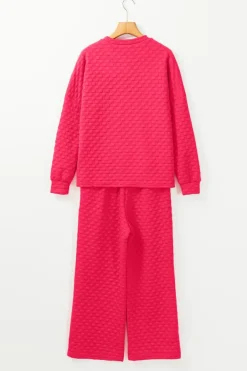 Online Dear-Lover Checkered Textured Split Pullover Top and Pants Set Strawberry Pink