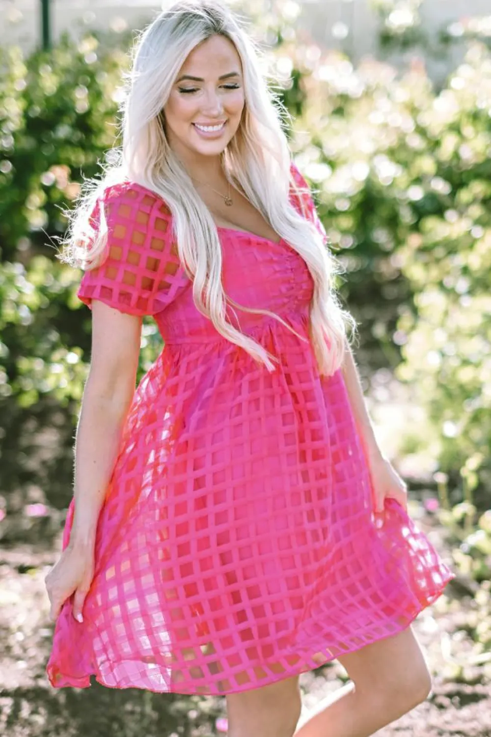 Discount Dear-Lover Checkered Puff Sleeve Babydoll Dress Strawberry Pink