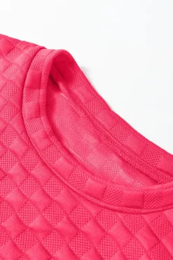 Online Dear-Lover Checkered Textured Split Pullover Top and Pants Set Strawberry Pink