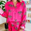 Fashion Dear-Lover Cheetah Print Satin Shirt and Shorts Lounge Set Strawberry Pink