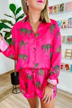 Fashion Dear-Lover Cheetah Print Satin Shirt and Shorts Lounge Set Strawberry Pink