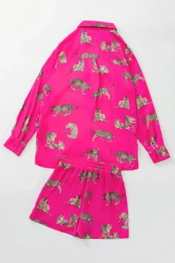 Fashion Dear-Lover Cheetah Print Satin Shirt and Shorts Lounge Set Strawberry Pink