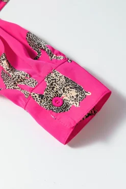 Fashion Dear-Lover Cheetah Print Satin Shirt and Shorts Lounge Set Strawberry Pink