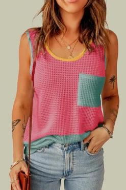Hot Dear-Lover Color Block Patched Pocket Breathable Knit Tank Top Strawberry Pink