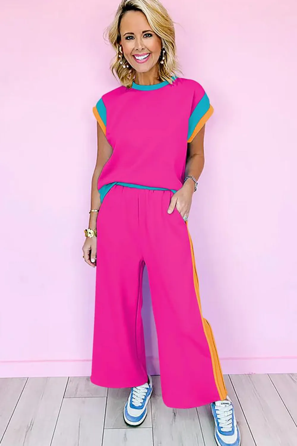 Clearance Dear-Lover Color Block Detail Casual Two-piece Set Strawberry Pink