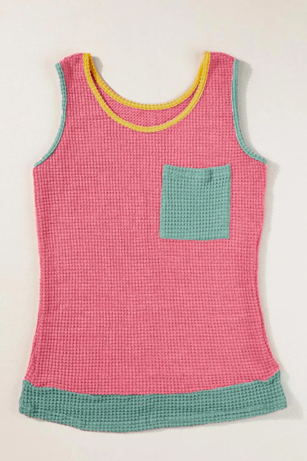 Hot Dear-Lover Color Block Patched Pocket Breathable Knit Tank Top Strawberry Pink