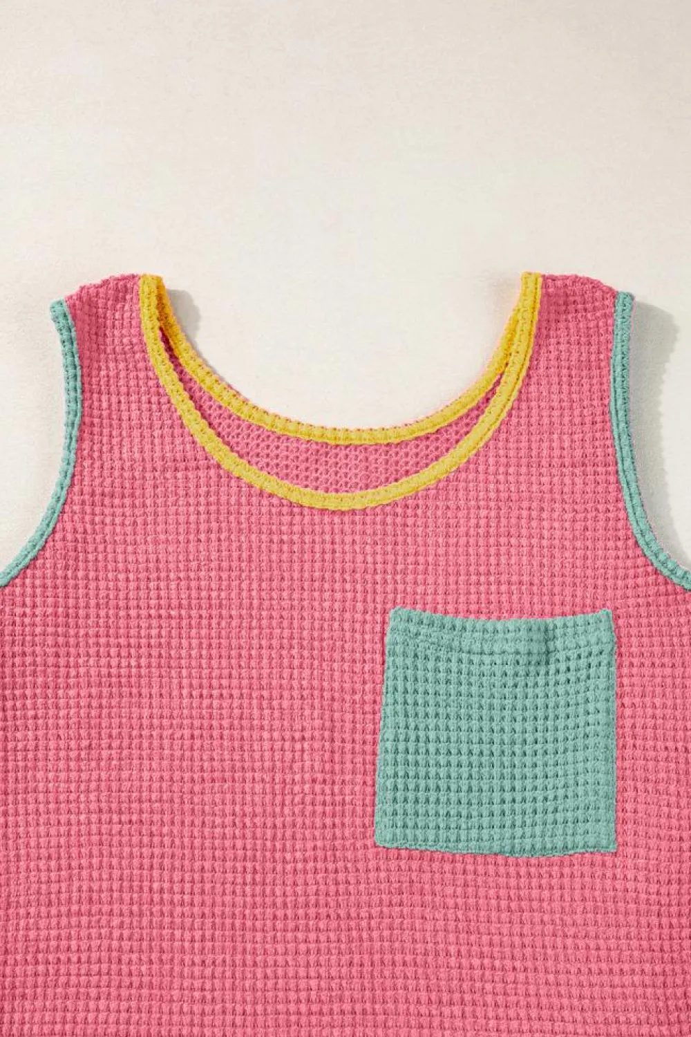 Hot Dear-Lover Color Block Patched Pocket Breathable Knit Tank Top Strawberry Pink