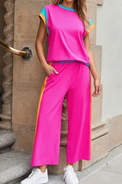 Clearance Dear-Lover Color Block Detail Casual Two-piece Set Strawberry Pink
