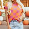 Online Dear-Lover Colorblock Plaid Pattern Ribbed Trim Sweater Tank Top Strawberry Pink