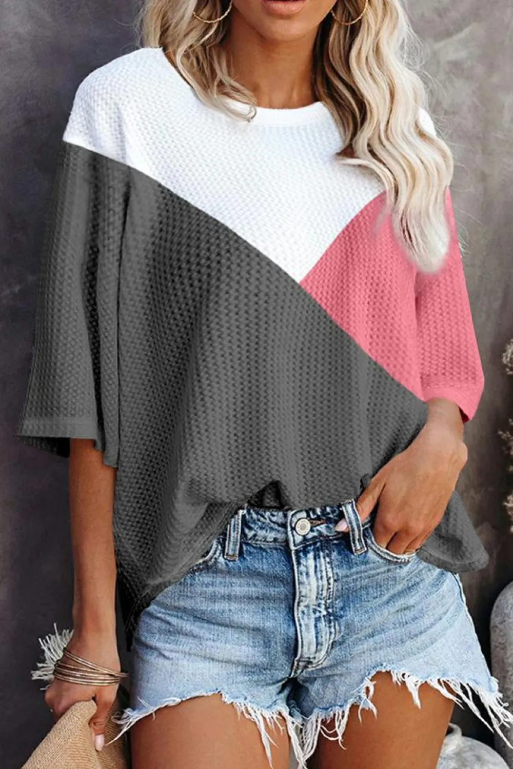 Discount Dear-Lover Colorblock Waffle Knit Half Sleeve T Shirt Strawberry Pink