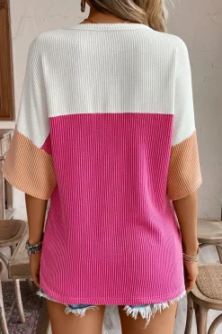 Clearance Dear-Lover Colorblock Corded Drop Shoulder Short Sleeve Top Strawberry Pink