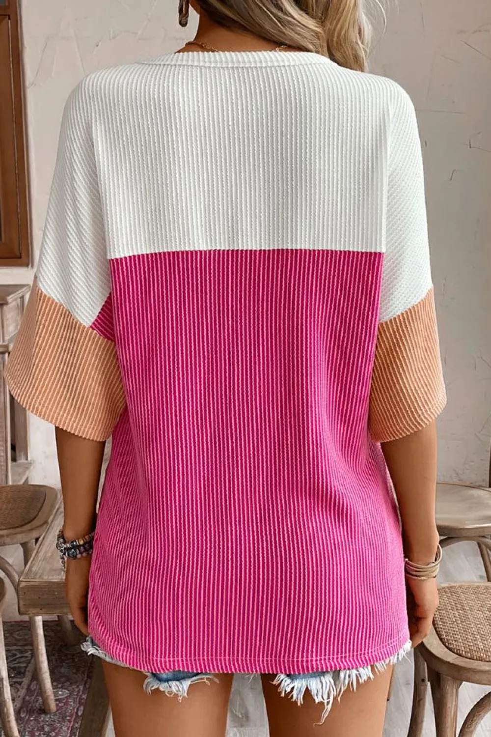Clearance Dear-Lover Colorblock Corded Drop Shoulder Short Sleeve Top Strawberry Pink