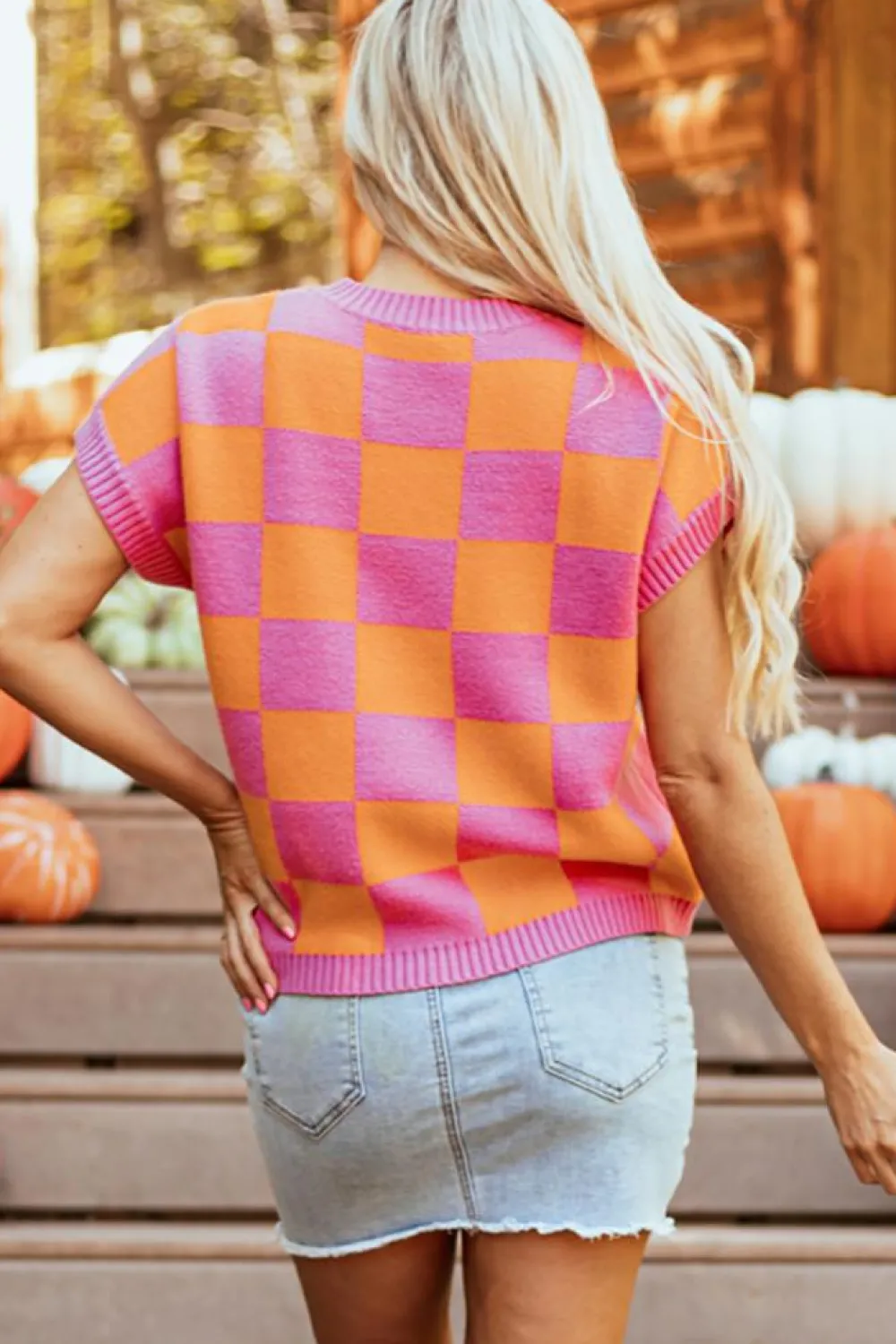 Online Dear-Lover Colorblock Plaid Pattern Ribbed Trim Sweater Tank Top Strawberry Pink