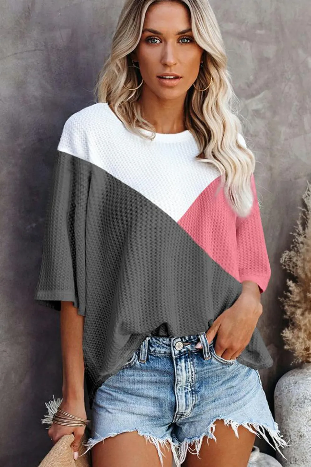 Discount Dear-Lover Colorblock Waffle Knit Half Sleeve T Shirt Strawberry Pink