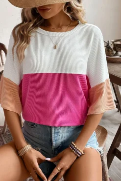 Clearance Dear-Lover Colorblock Corded Drop Shoulder Short Sleeve Top Strawberry Pink