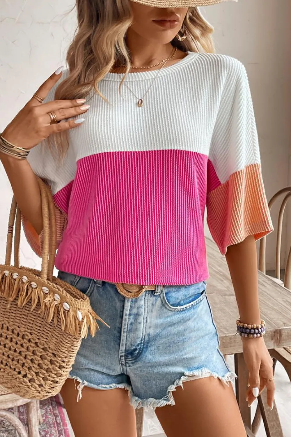 Clearance Dear-Lover Colorblock Corded Drop Shoulder Short Sleeve Top Strawberry Pink