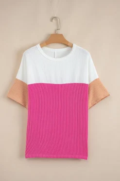 Clearance Dear-Lover Colorblock Corded Drop Shoulder Short Sleeve Top Strawberry Pink