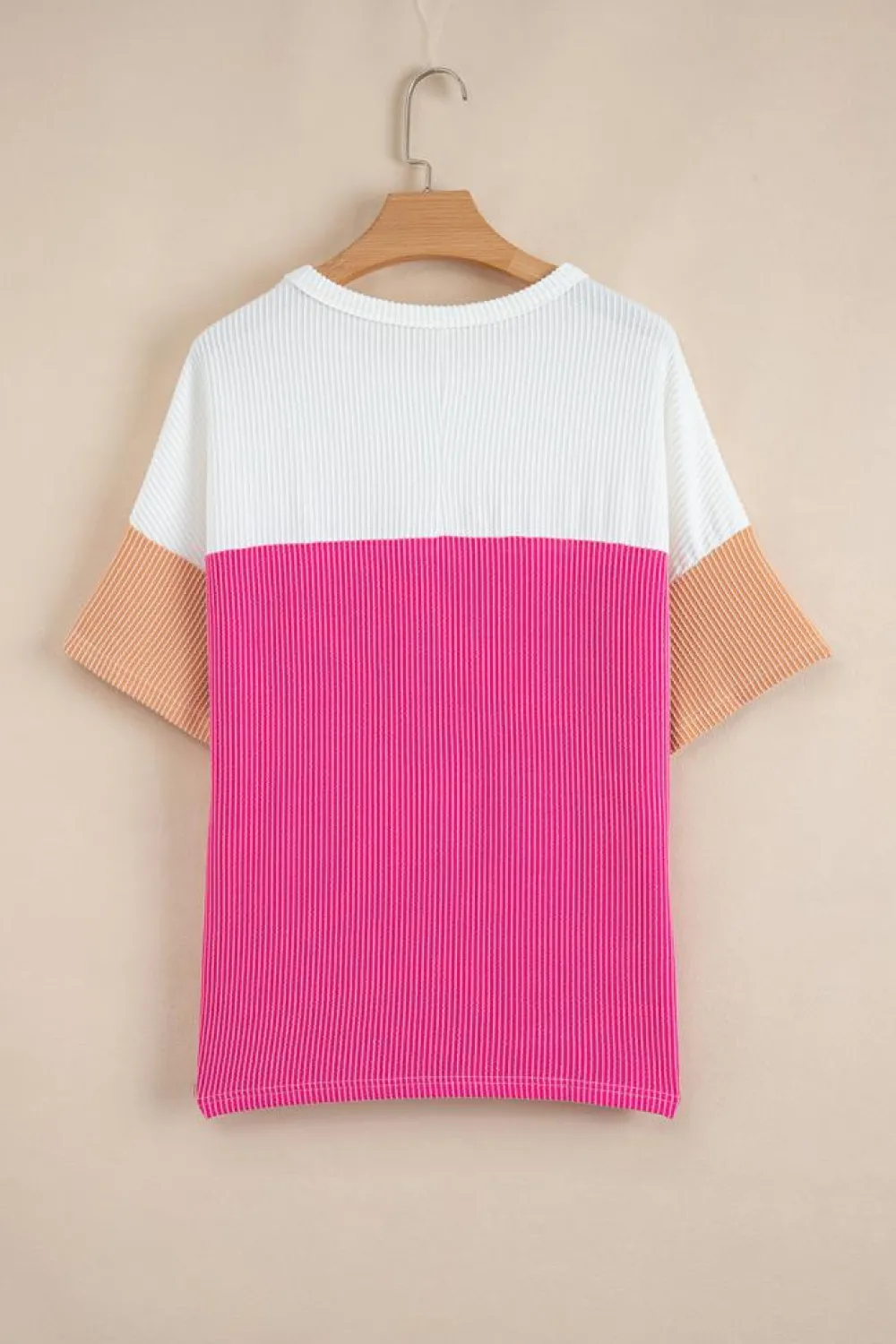 Clearance Dear-Lover Colorblock Corded Drop Shoulder Short Sleeve Top Strawberry Pink