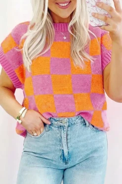 Online Dear-Lover Colorblock Plaid Pattern Ribbed Trim Sweater Tank Top Strawberry Pink
