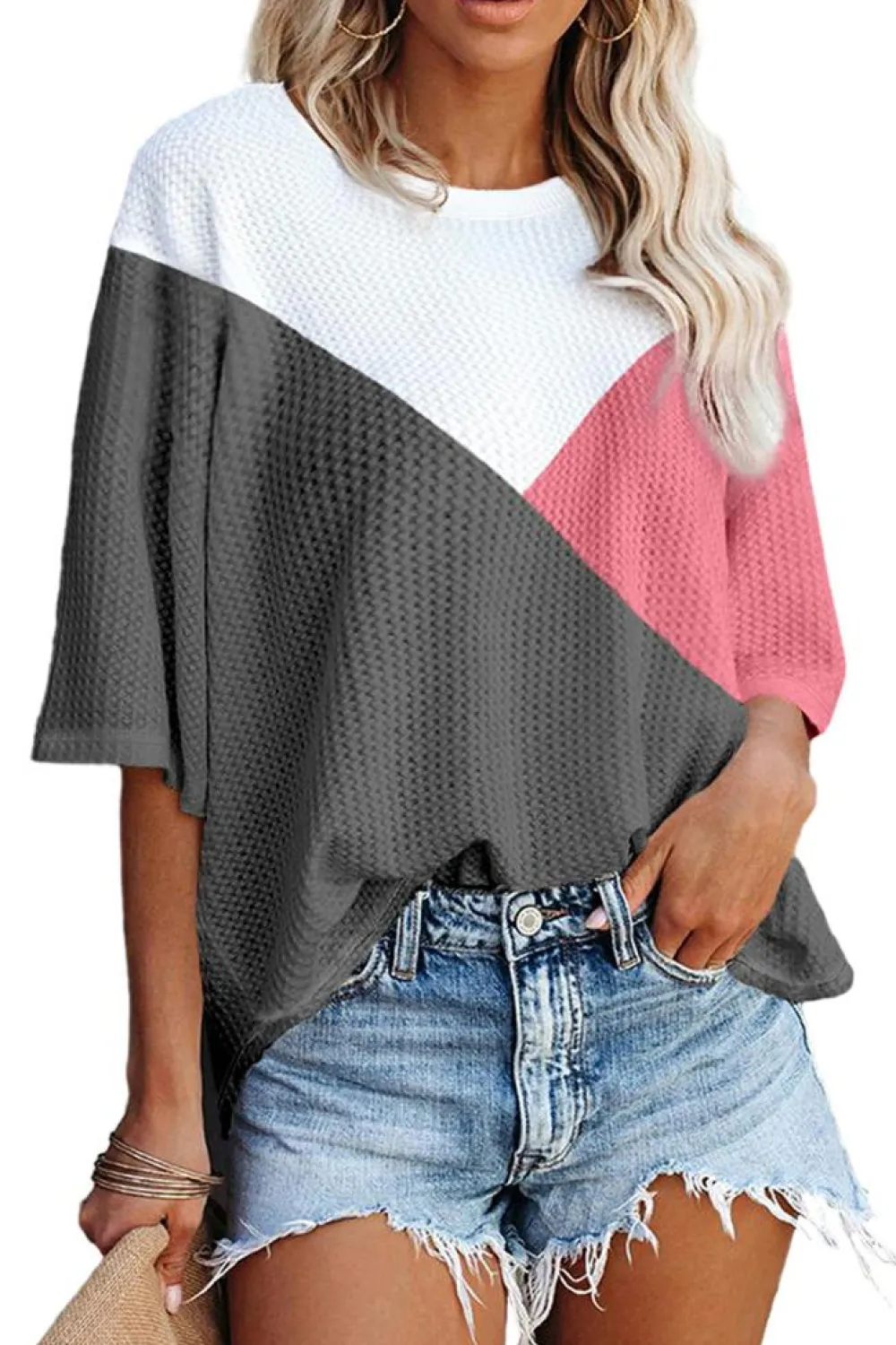 Discount Dear-Lover Colorblock Waffle Knit Half Sleeve T Shirt Strawberry Pink