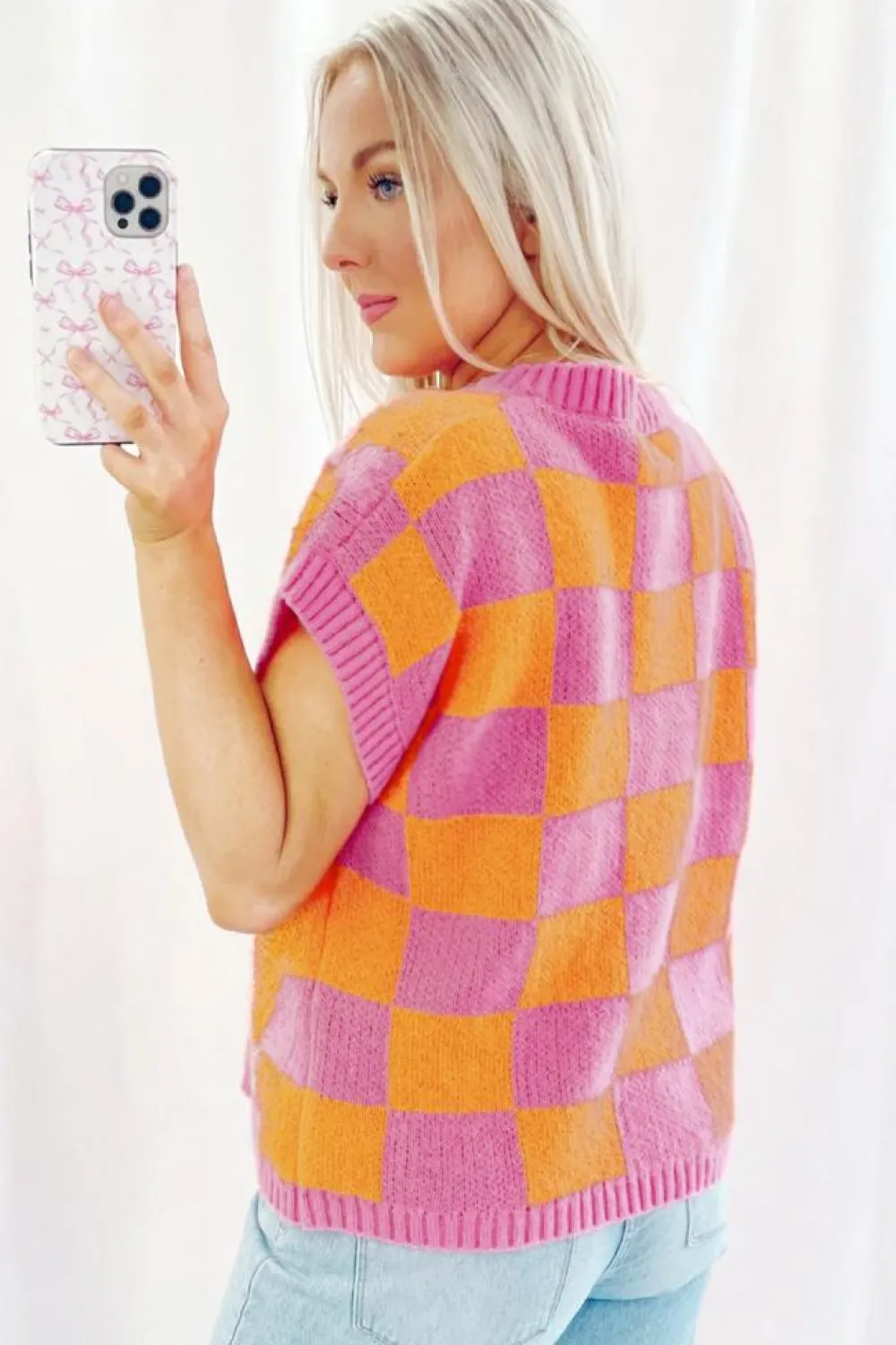 Online Dear-Lover Colorblock Plaid Pattern Ribbed Trim Sweater Tank Top Strawberry Pink