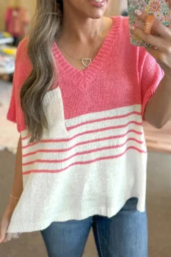 Clearance Dear-Lover Contrast Stripes V Neck Knitted Short Sleeve Top Strawberry Pink