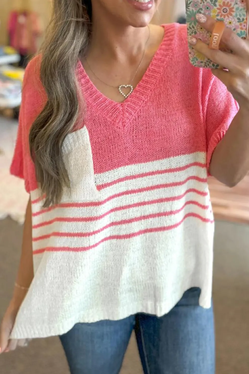 Clearance Dear-Lover Contrast Stripes V Neck Knitted Short Sleeve Top Strawberry Pink