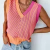 Clearance Dear-Lover Contrast Chevron Knit V Neck Sweater Vest Strawberry Pink