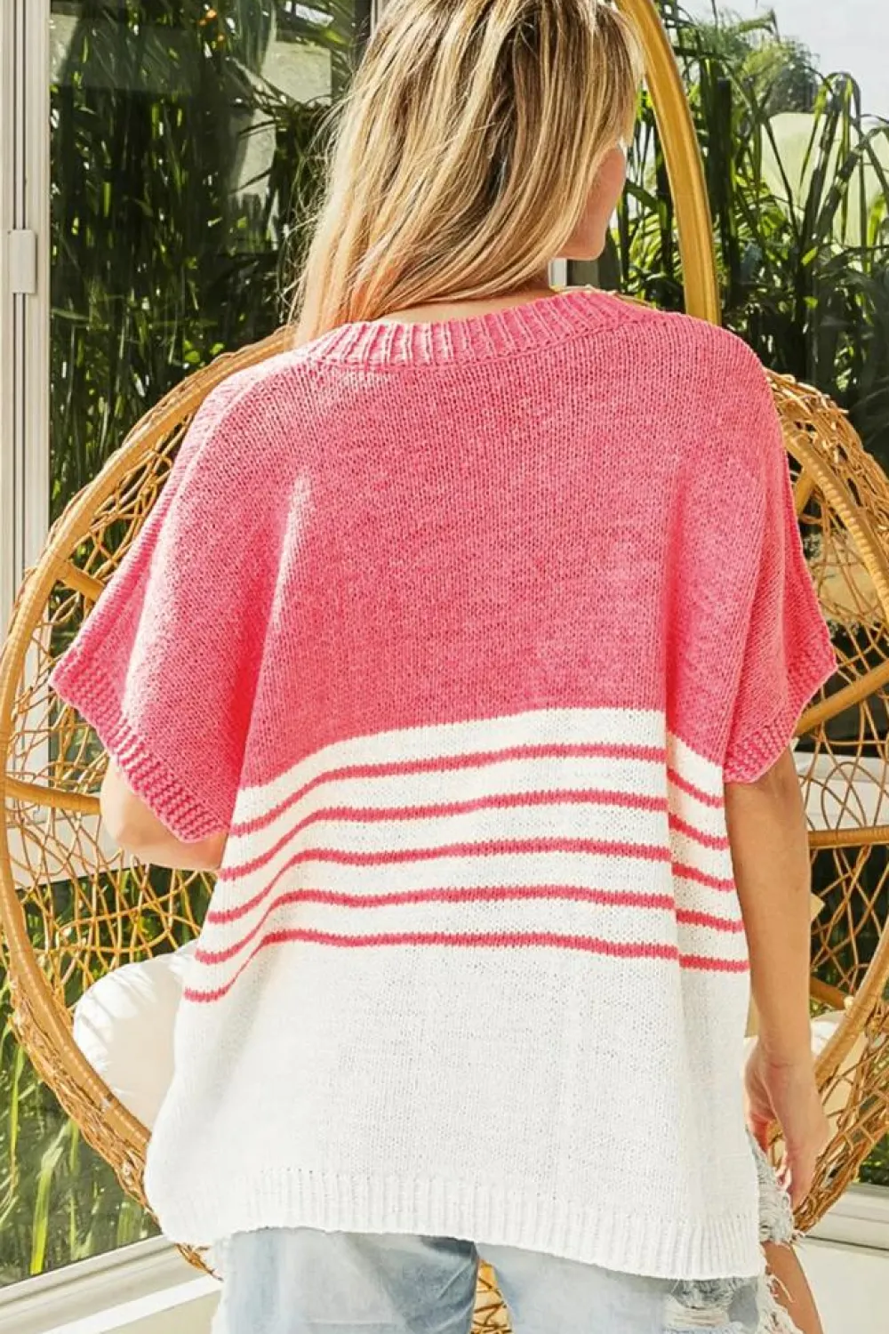Clearance Dear-Lover Contrast Stripes V Neck Knitted Short Sleeve Top Strawberry Pink