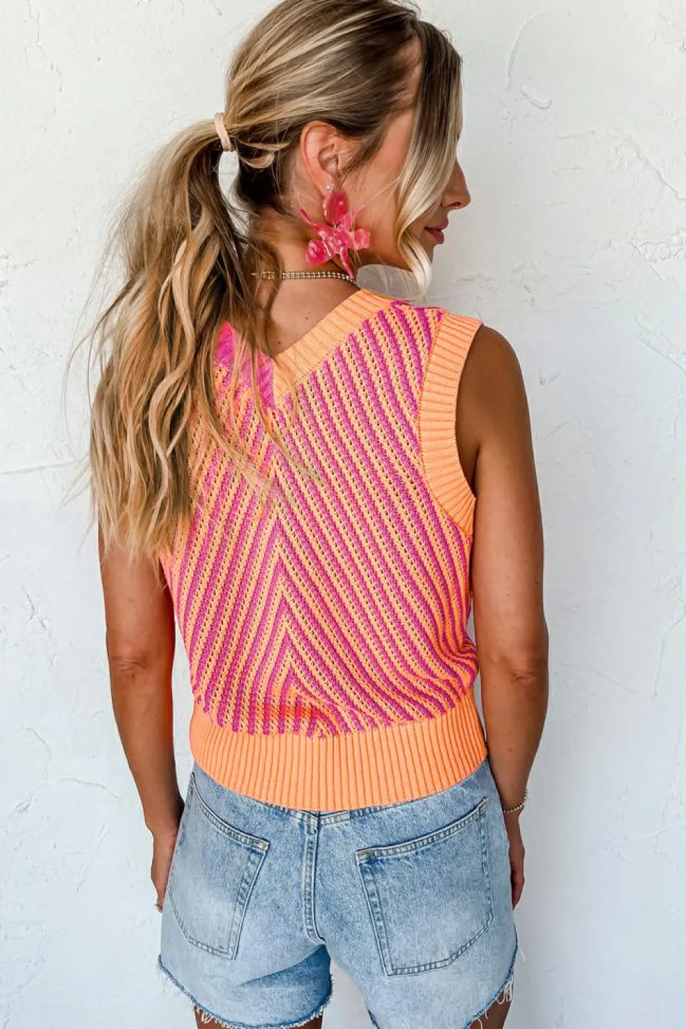 Clearance Dear-Lover Contrast Chevron Knit V Neck Sweater Vest Strawberry Pink