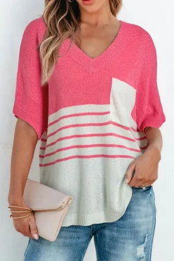 Clearance Dear-Lover Contrast Stripes V Neck Knitted Short Sleeve Top Strawberry Pink